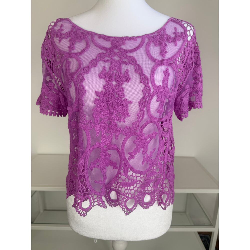 GB Womens Lace Sheer Top Crochet Mesh Short Sleeve Festival Purple Blouse XS